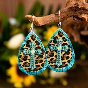 Turquoise Leopard Cross PU Leather Drop Earrings